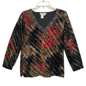 Coldwater Creek Womens Vintage Fairy Grunge Sequin Top M Black Velvet Burnout